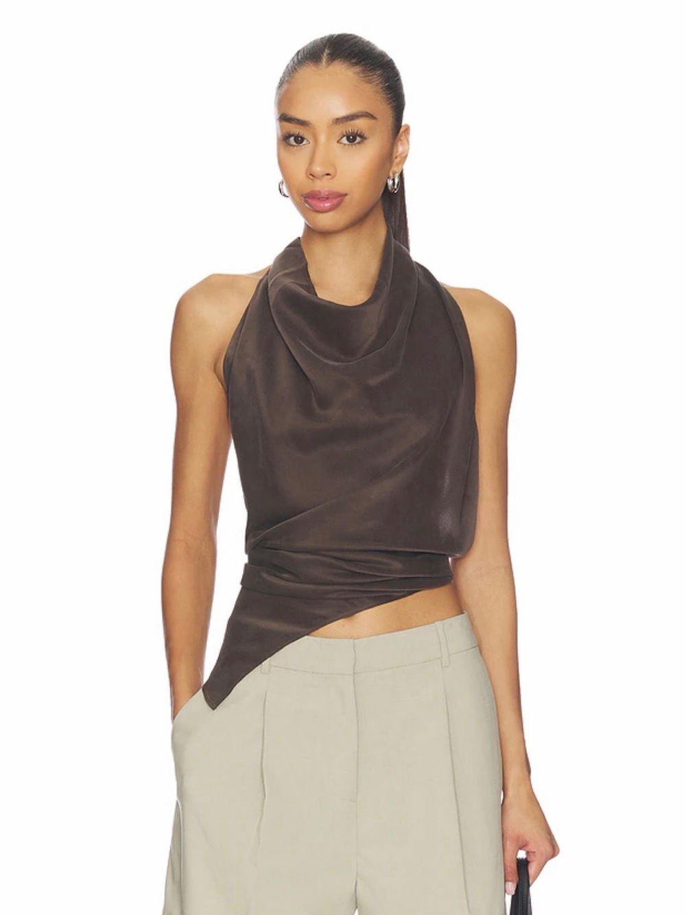 Eaves Revolve Ganache Brown Frida Silk Halter Cowl Asymmetric Backless Top M